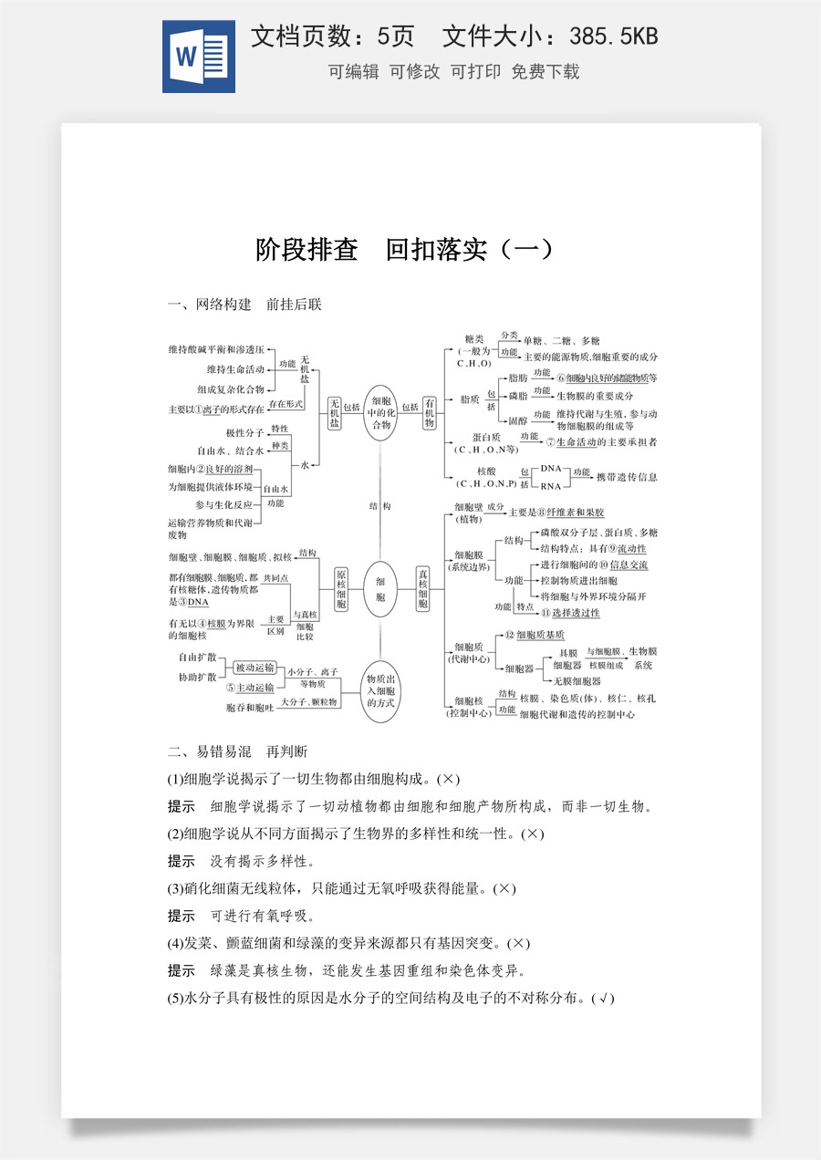 高中-高考总复习-生物-阶段排查　回扣落实（一）.doc